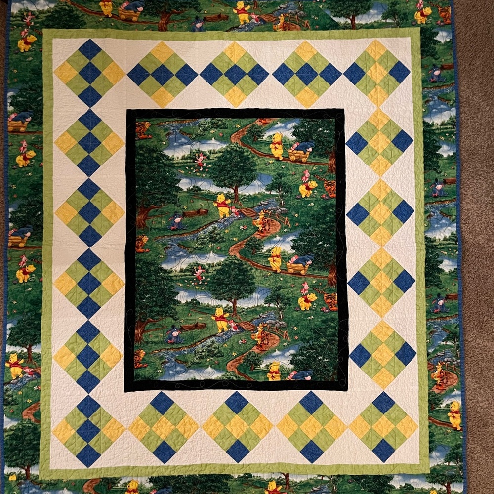 Handmade Winnie The Pooh Baby Quilt pieced and longarmed quilting signed 43x48